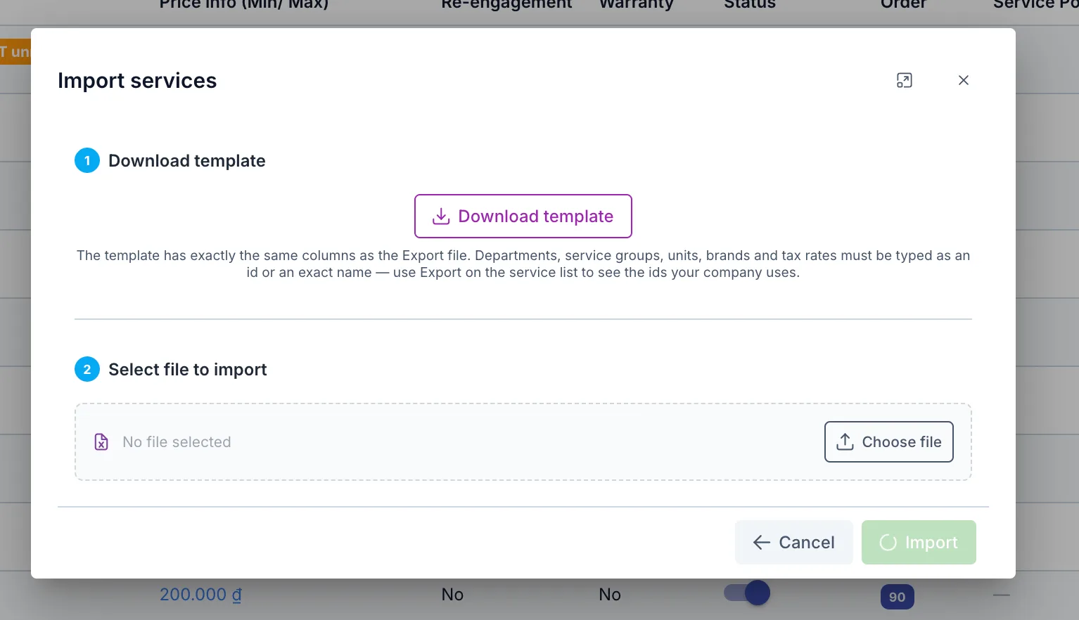 Import services dialog