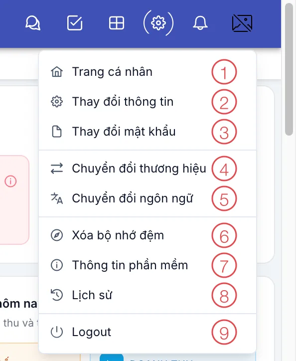 Menu tài khoản đang mở, các mục được đánh số