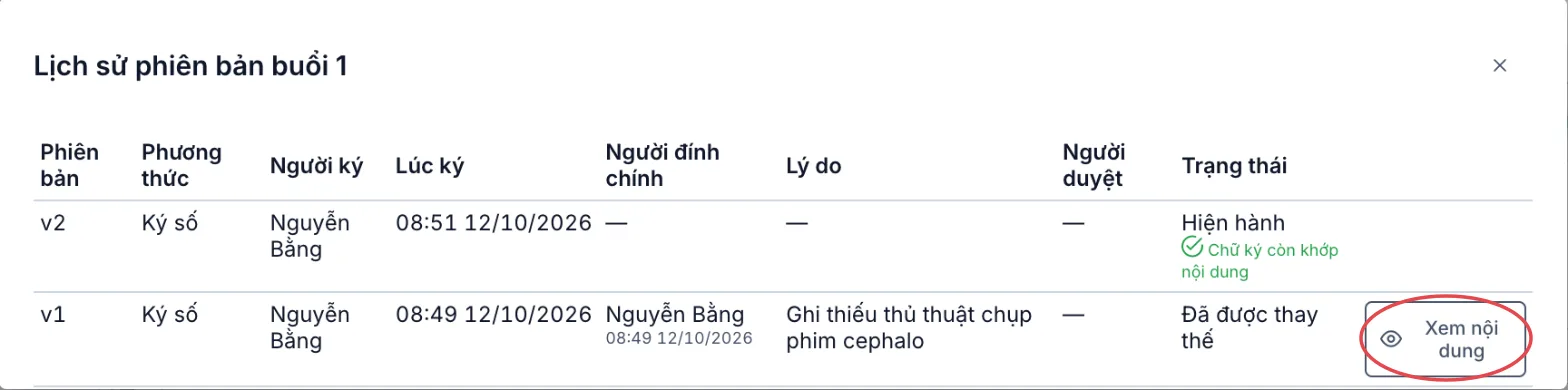 Lịch sử phiên bản buổi 1 gồm phiên bản hiện hành và phiên bản đã được thay thế