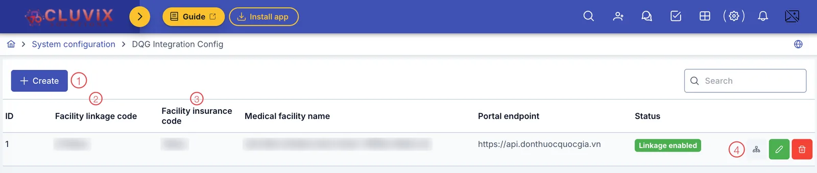 The DQG Integration Config screen with four areas numbered