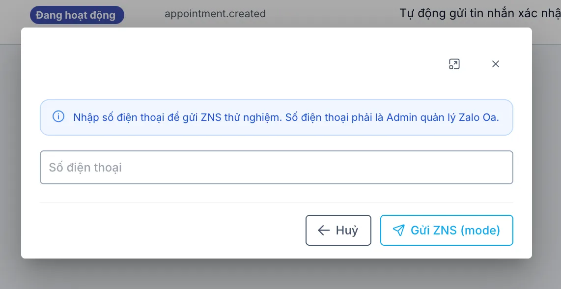 Hộp thoại gửi ZNS thử nghiệm, nhập số điện thoại admin quản lý Zalo OA