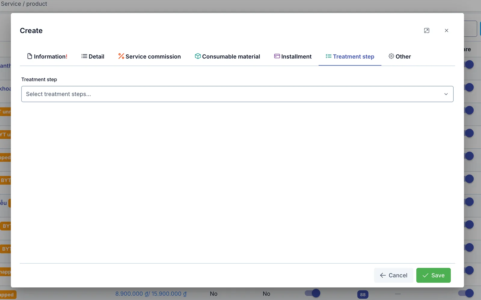 Create service dialog, Treatment step tab