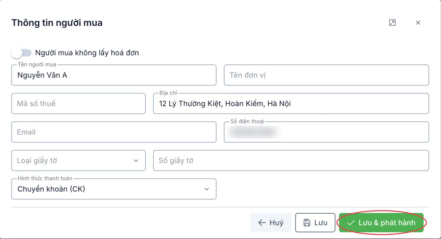 Hộp Thông tin người mua, nút Lưu & phát hành được khoanh đỏ