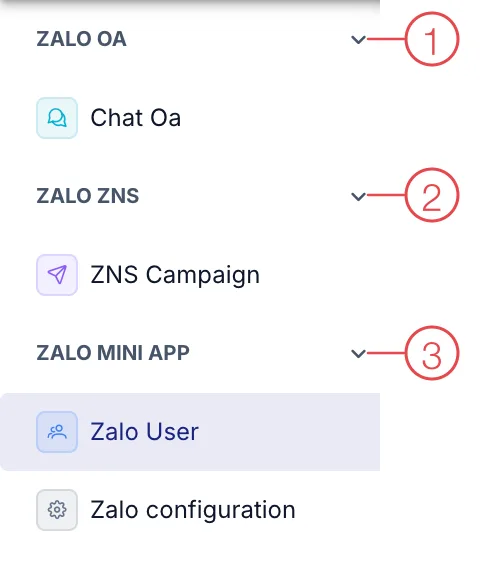 Left-hand menu of the Zalo module with numbered groups