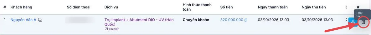 Nút Phát hành ở cuối dòng phiếu thanh toán được khoanh đỏ