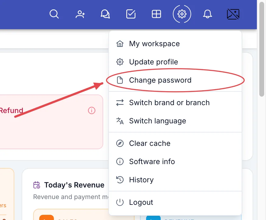 Account menu with Change password circled