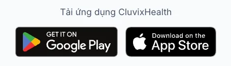 Dòng Tải ứng dụng CluvixHealth với nút Google Play và App Store