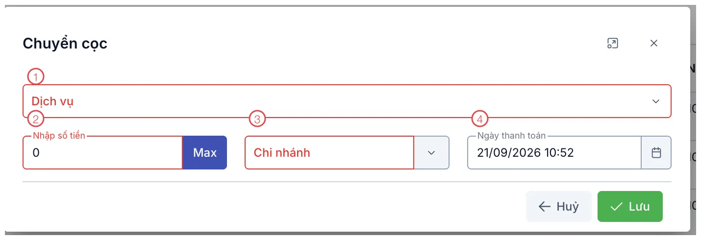 Hộp thoại Chuyển cọc với 4 ô được đánh số