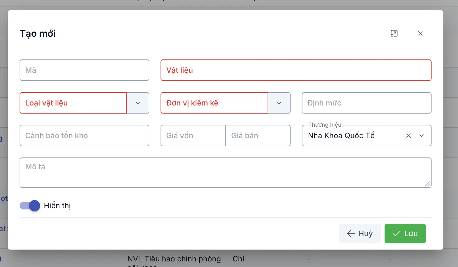 Hộp thoại Tạo mới vật liệu