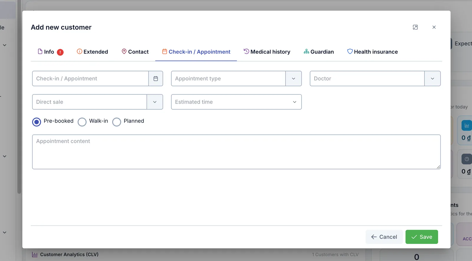 Quick appointment fields in the Check-in / Appointment tab