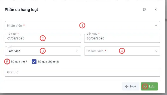 Cửa sổ Phân ca hàng loạt với 6 khu vực được đánh số