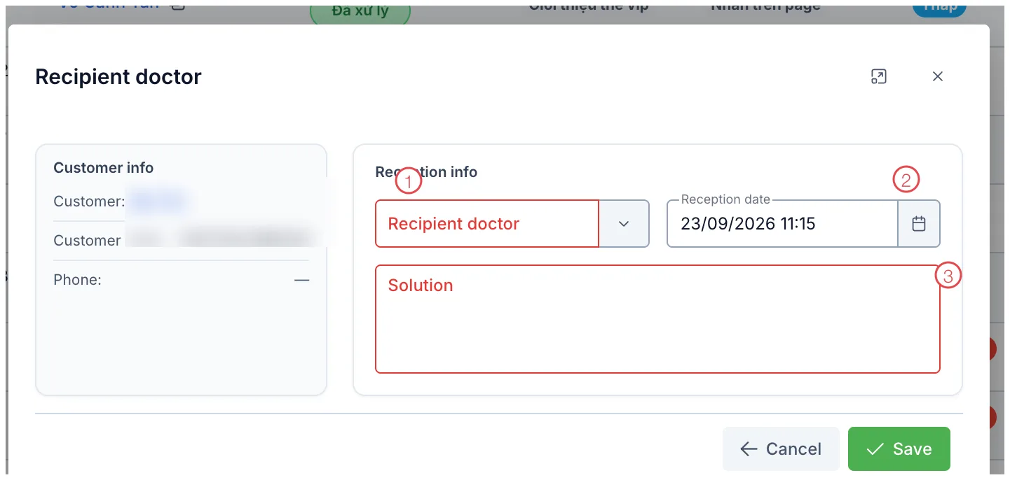 The Recipient doctor window with three fields numbered