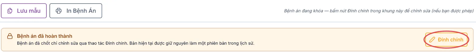 Khung Bệnh án đã hoàn thành với nút Đính chính được khoanh