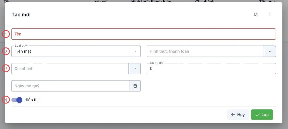 Biểu mẫu tạo quỹ với 4 khu vực được đánh số