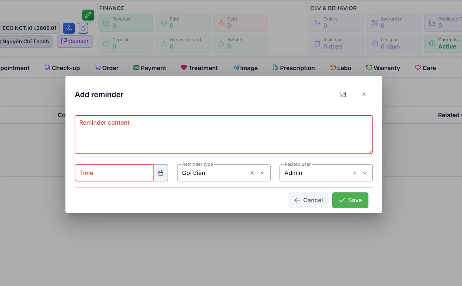 The Add reminder box with its four fields