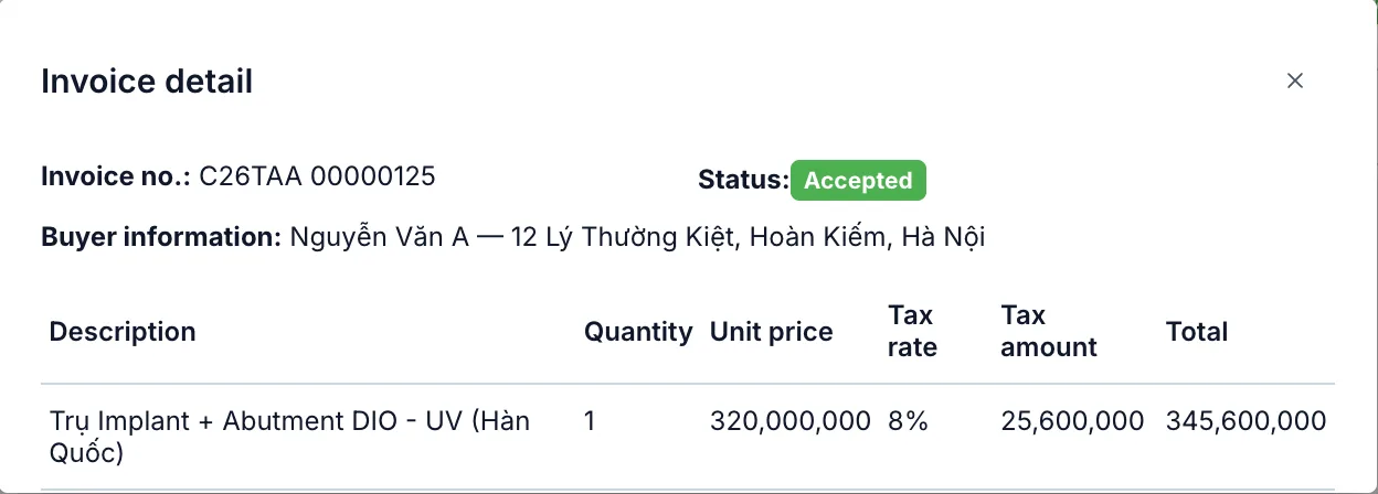 The Invoice detail dialog