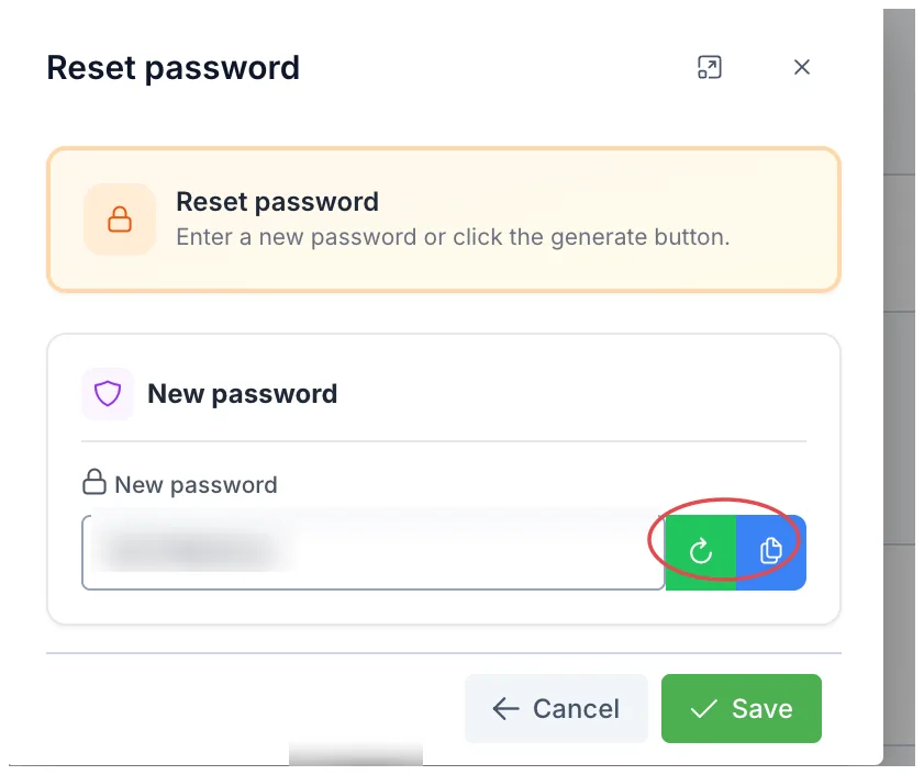 The Reset password dialog, with the generate and copy buttons circled
