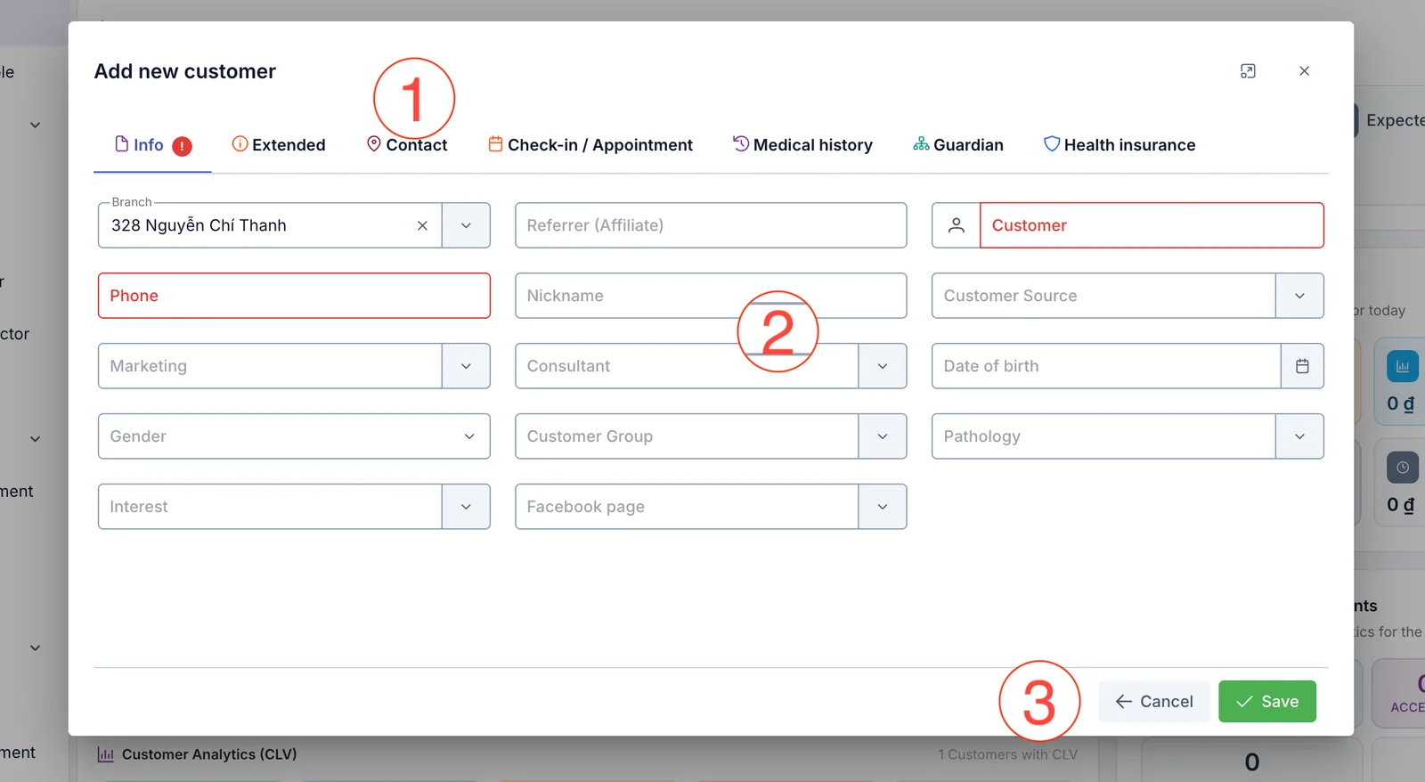 Layout of the Add new customer box with three areas: the tab row, the input area and the Save button