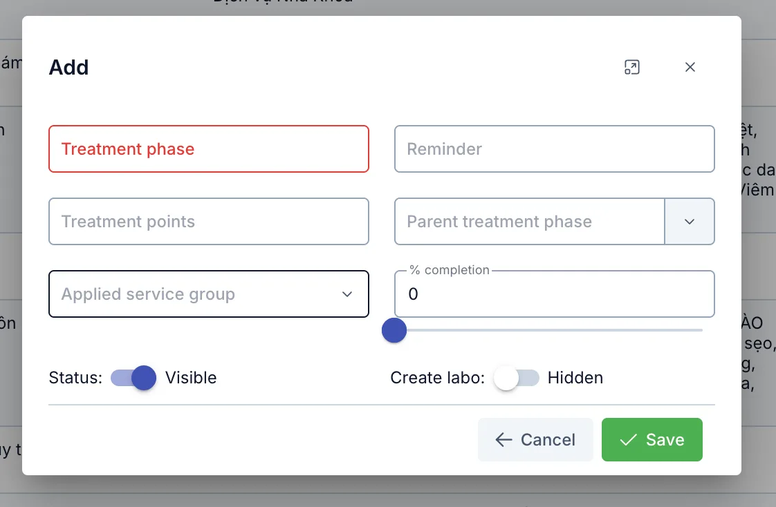 Add treatment phase dialog