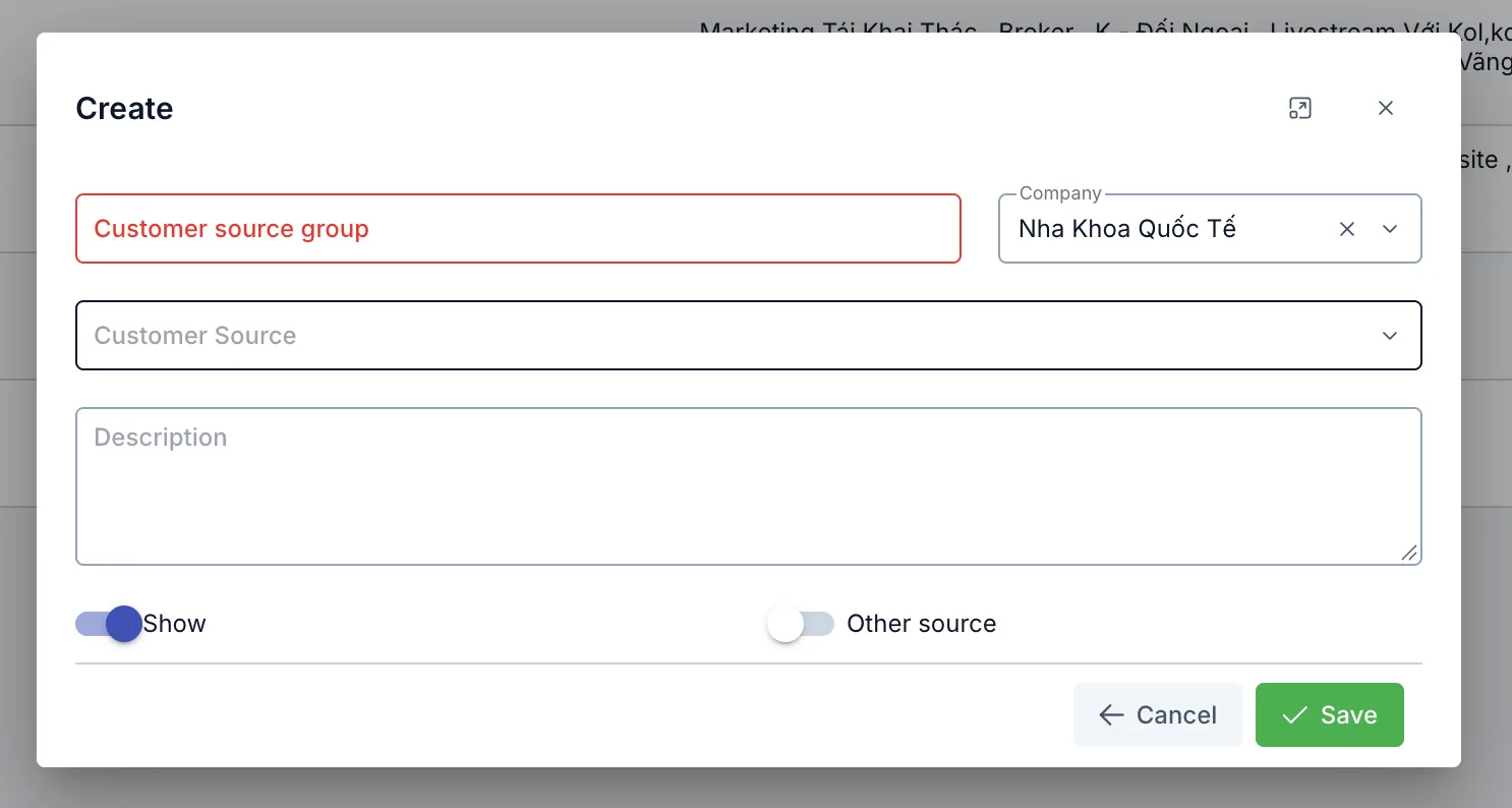 Create Customer Source Group dialog