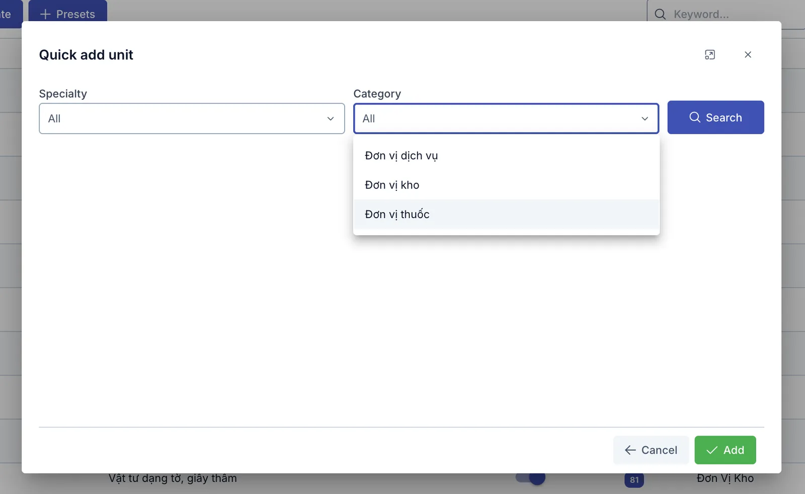 Quick add unit dialog, picking a category to search suggestions