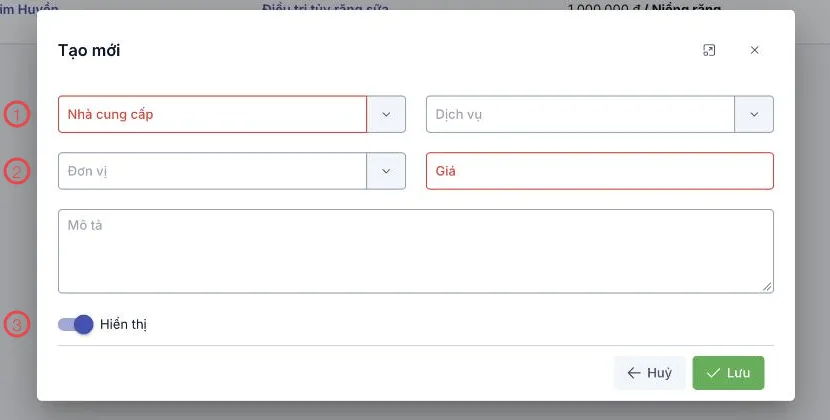 Biểu mẫu tạo mới với 3 khu vực được đánh số