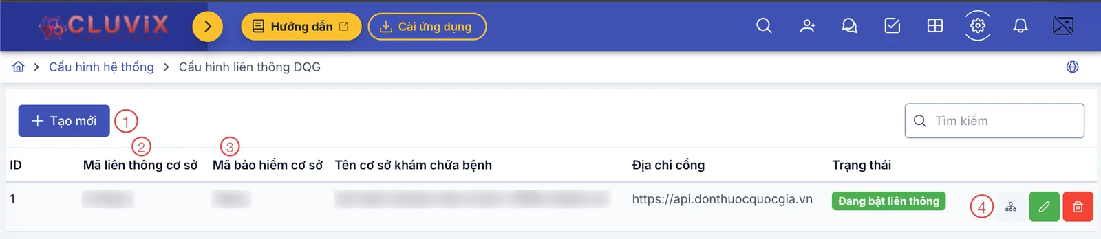 Màn hình Cấu hình liên thông DQG với 4 khu vực được đánh số
