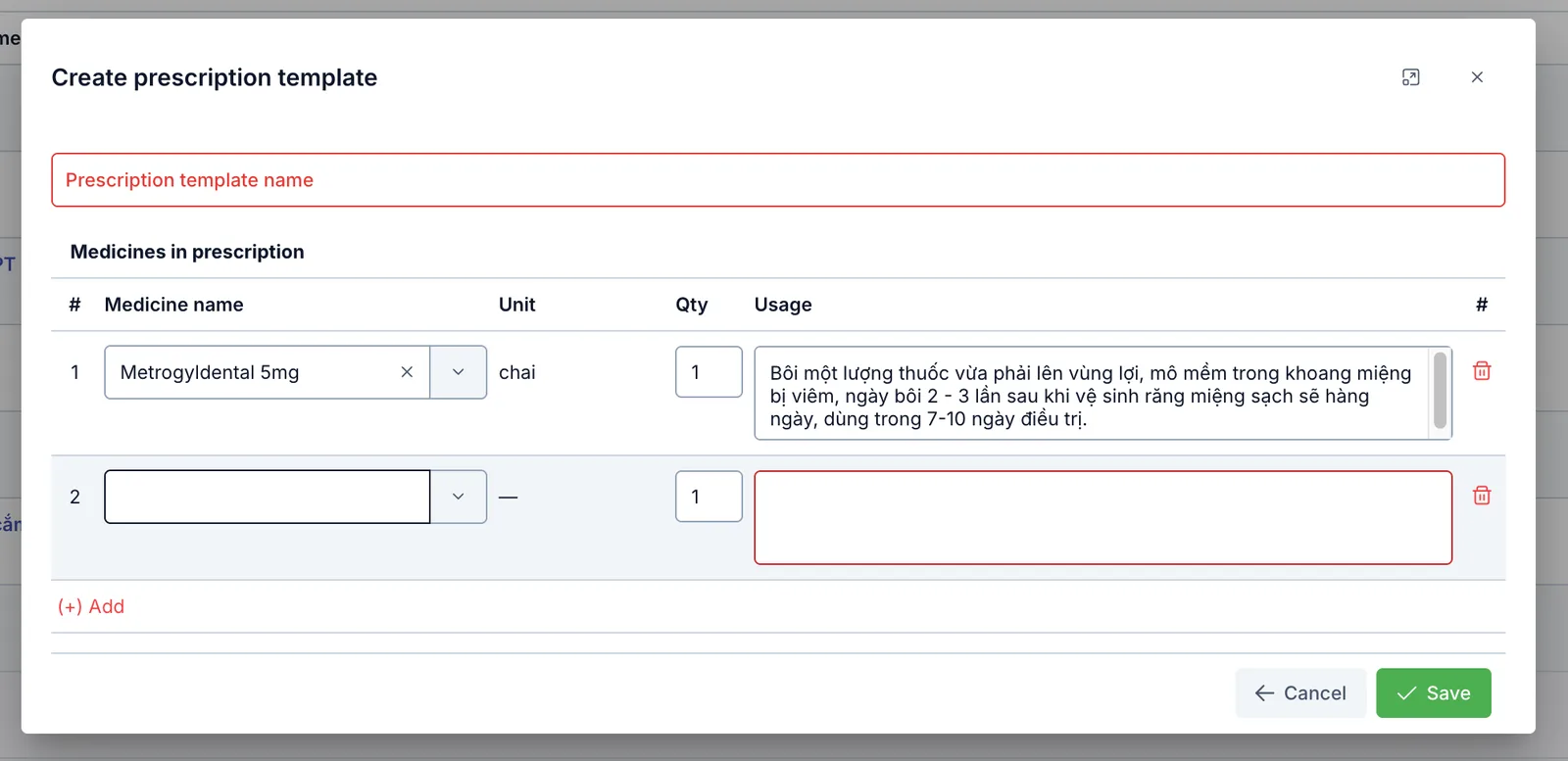 Create prescription template dialog