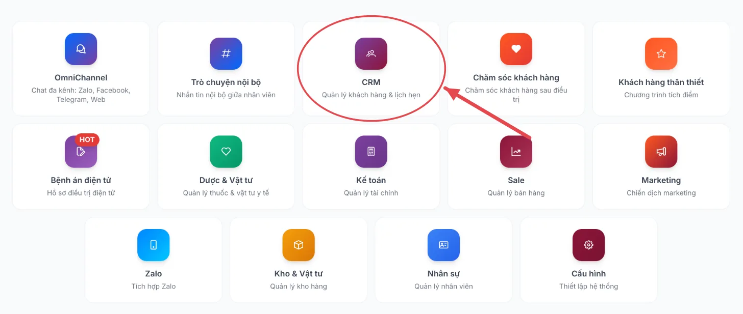 Màn hình chọn phân hệ, khoanh ô CRM