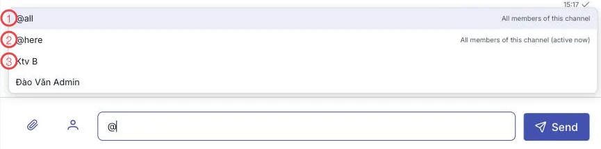 The suggestion list after typing @ with three areas numbered