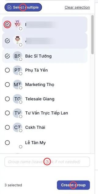 The Directory in multi-select mode with four areas numbered