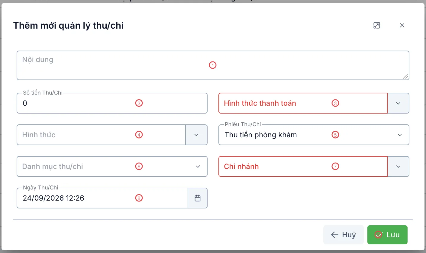 Biểu mẫu Thêm mới quản lý thu/chi với 9 khu vực được đánh số