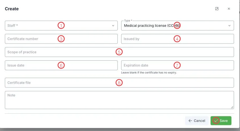 The Practicing certificate form with nine areas numbered