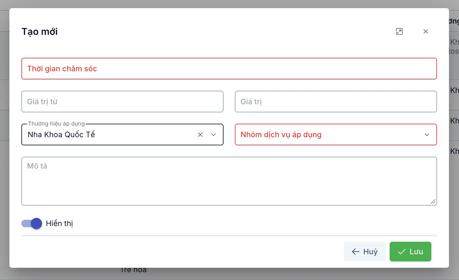 Hộp thoại Tạo mới thời gian chăm sóc