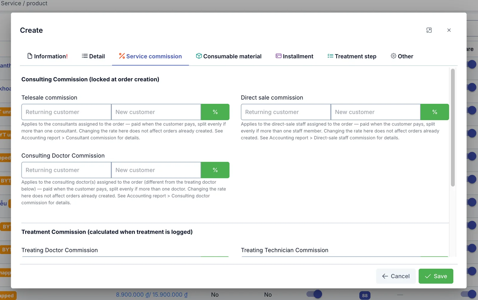 Create service dialog, Service commission tab, consulting commission section