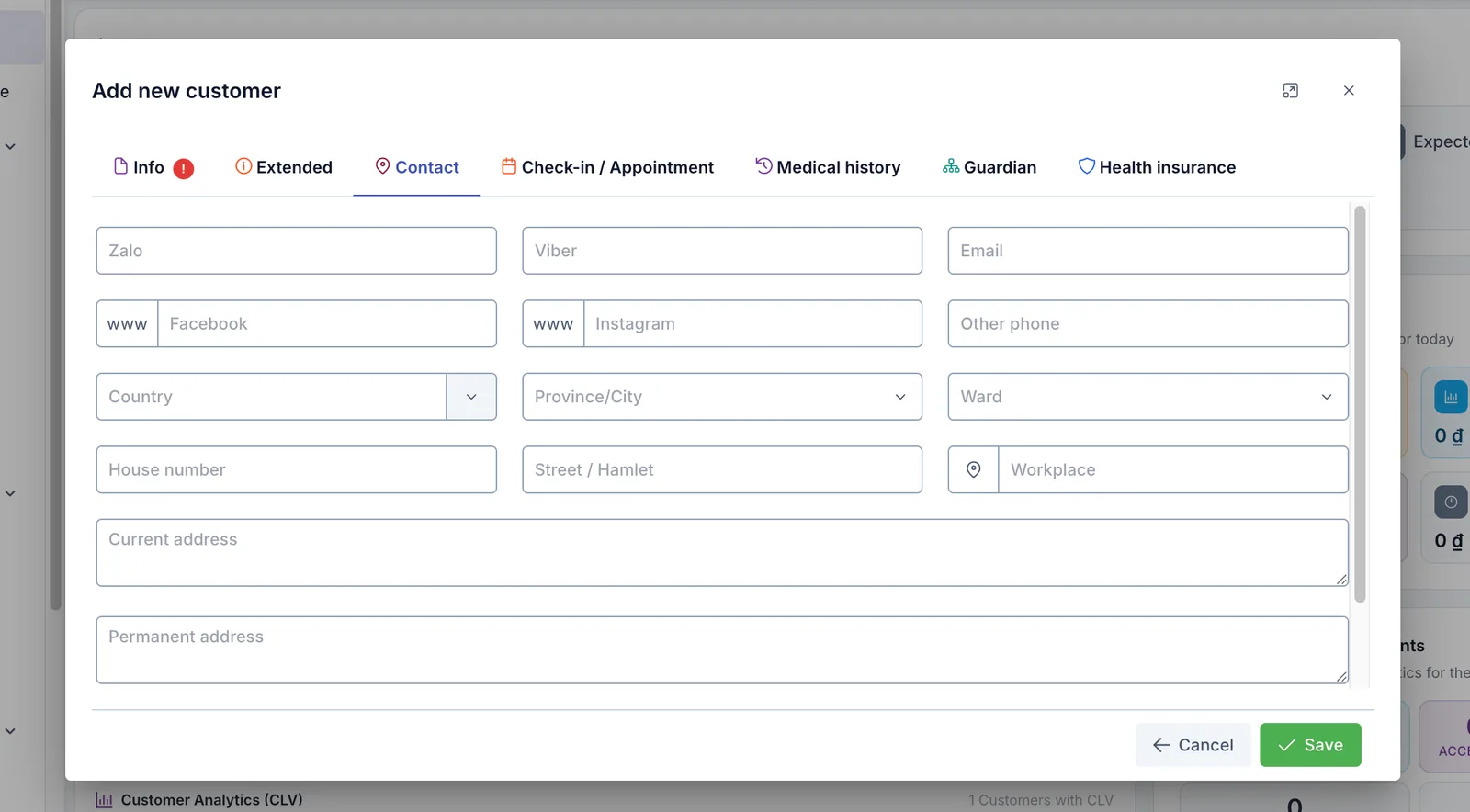 Social media and address fields in the Contact tab