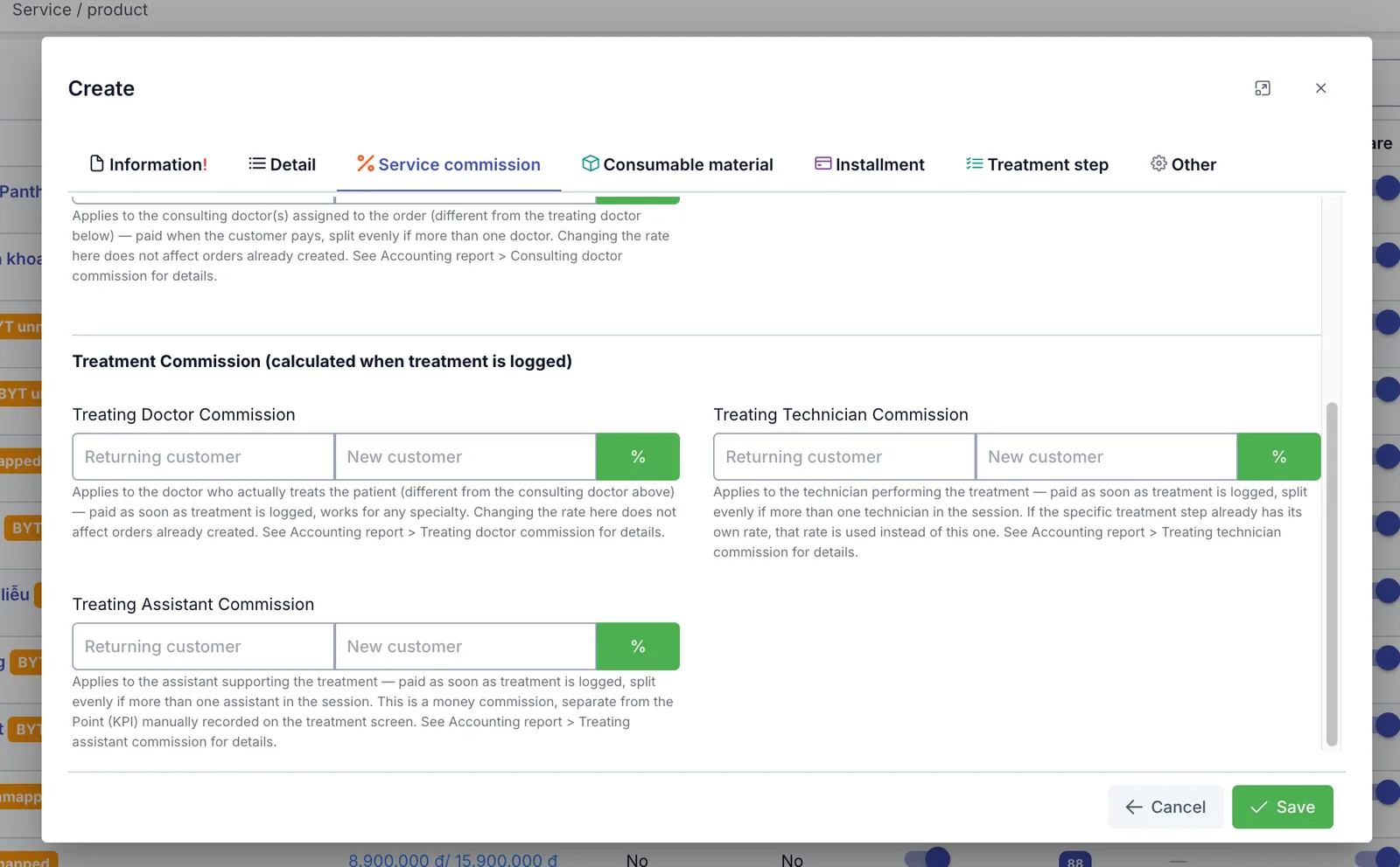 Create service dialog, Service commission tab, treatment commission section