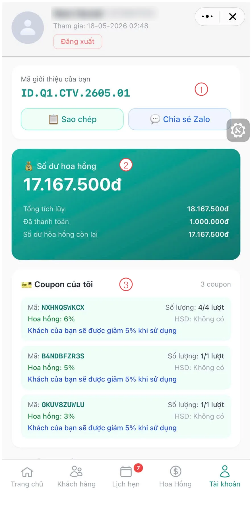 Mục Tài khoản trong Mini App với 3 khu vực được đánh số