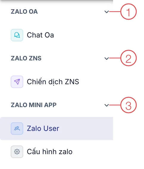 Menu bên trái của module Zalo, các nhóm được đánh số