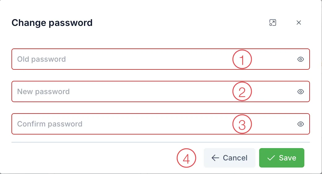 Change password dialog with 3 boxes and the Save button numbered