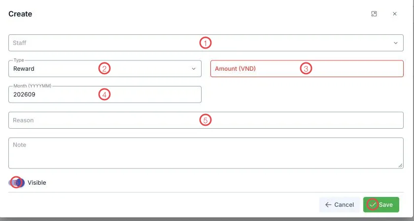The Bonus / Penalty form with seven areas numbered