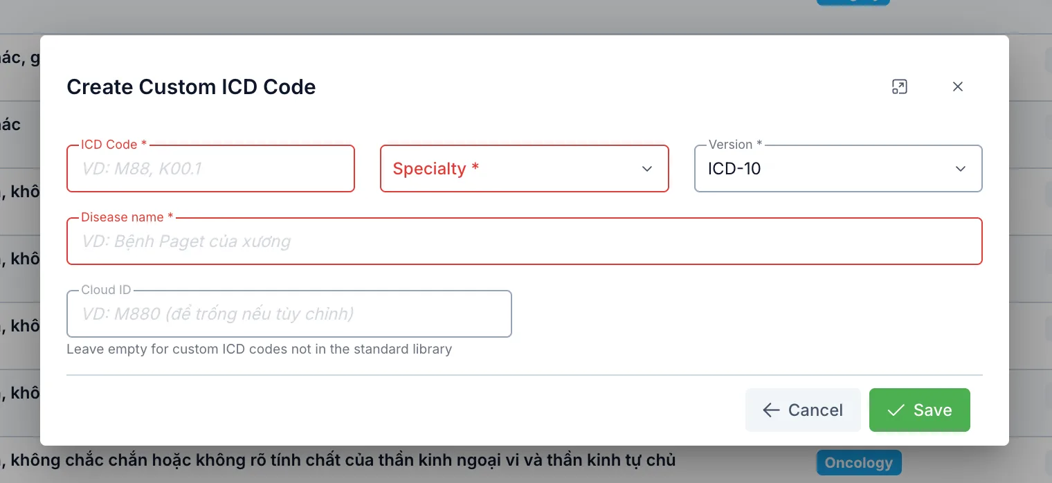 Create Custom ICD Code dialog
