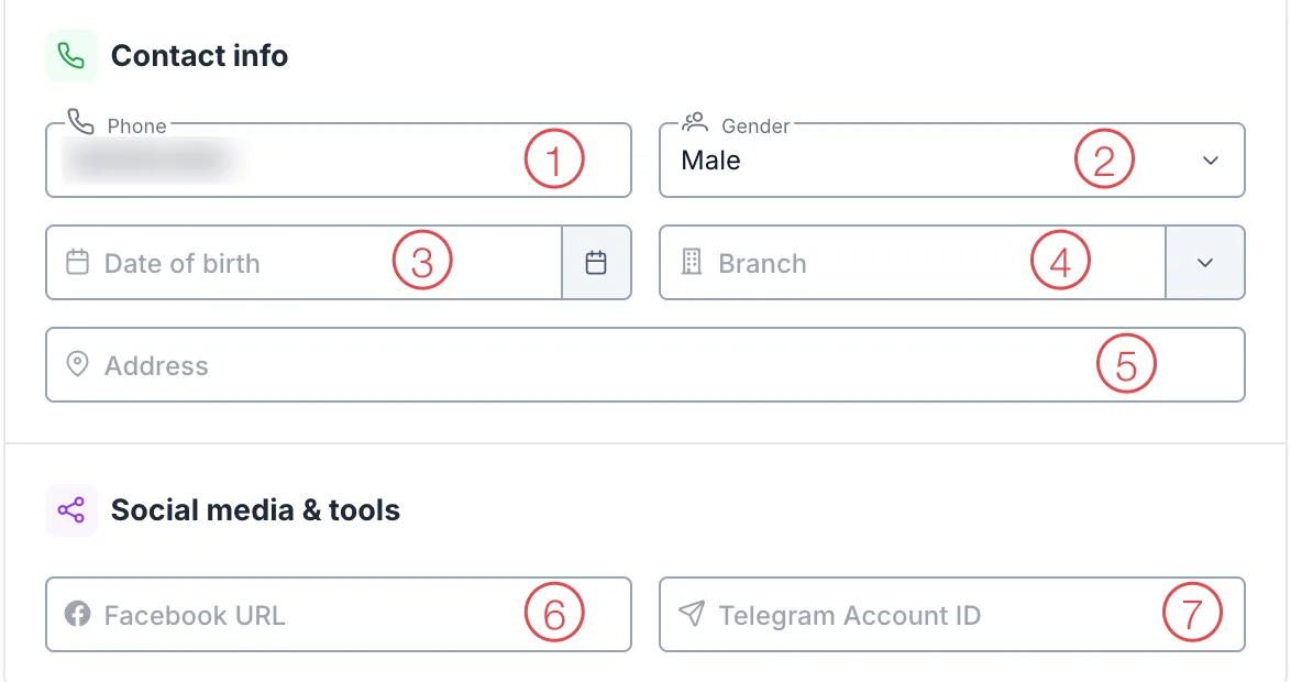Lower part of the dialog with contact and social media boxes numbered