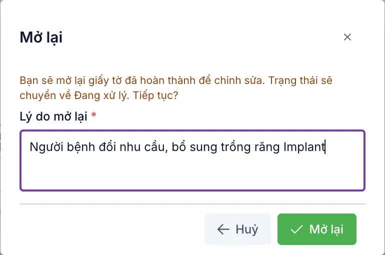 Hộp Mở lại với ô Lý do mở lại