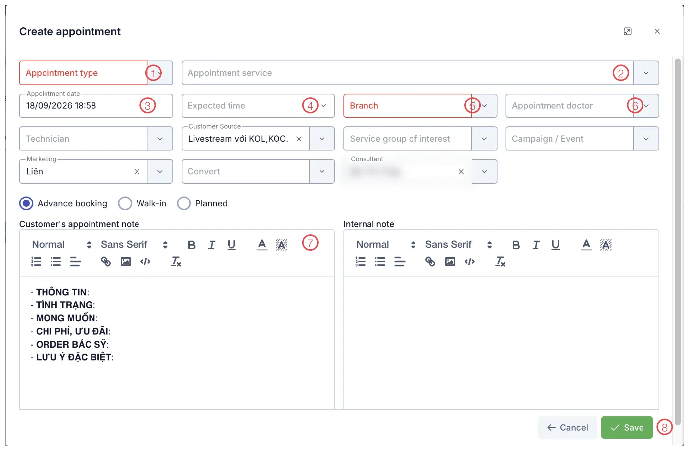 The Create appointment window with 8 positions numbered
