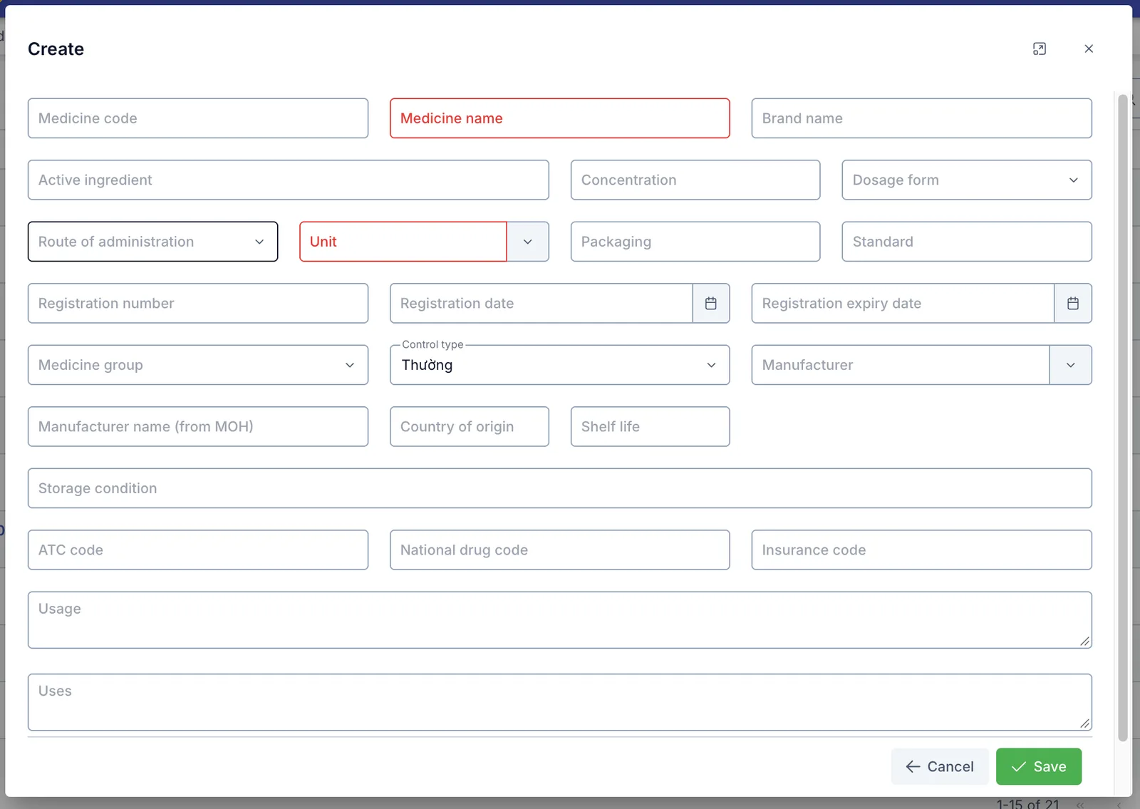 Create Medicine dialog