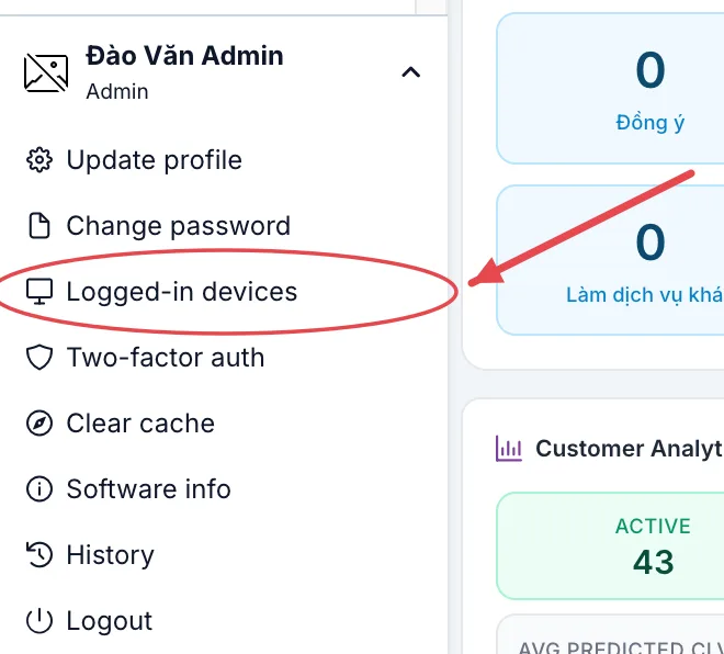 Menu at the bottom of the left bar with Logged-in devices circled