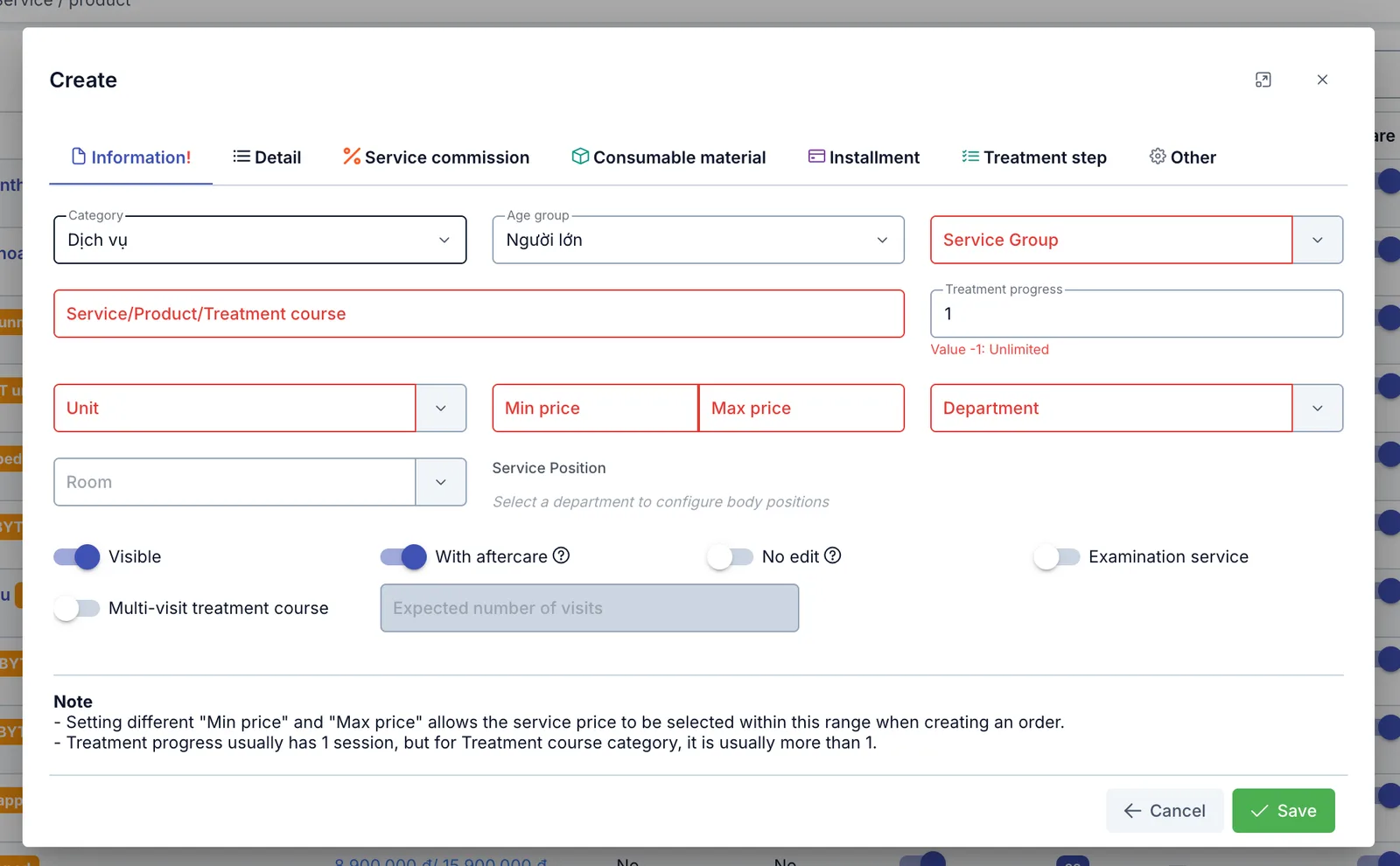 Create service dialog, Information tab