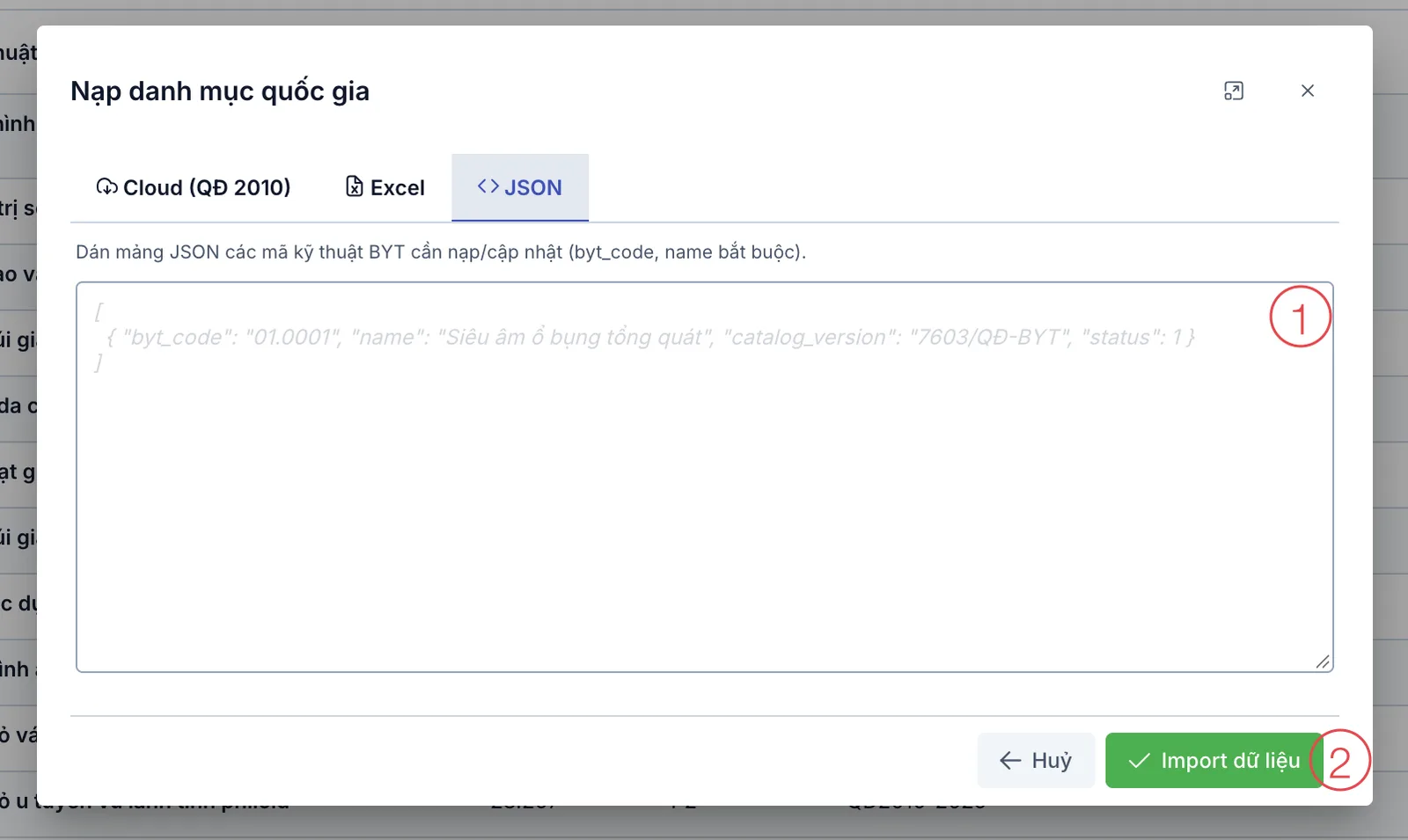 Thẻ JSON trong hộp thoại Nạp danh mục quốc gia