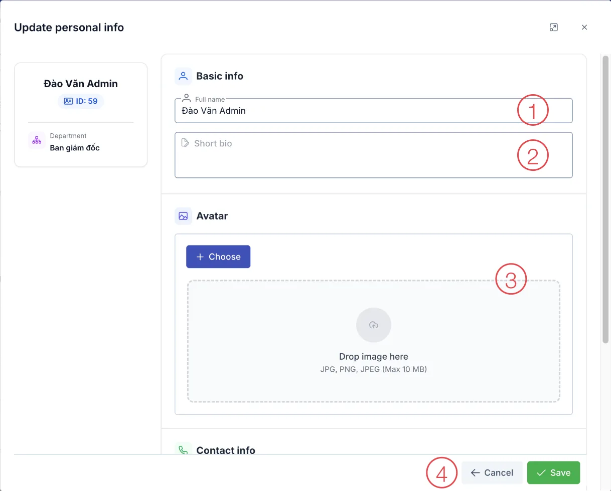 Top of the Update personal info dialog with boxes and the Save button numbered